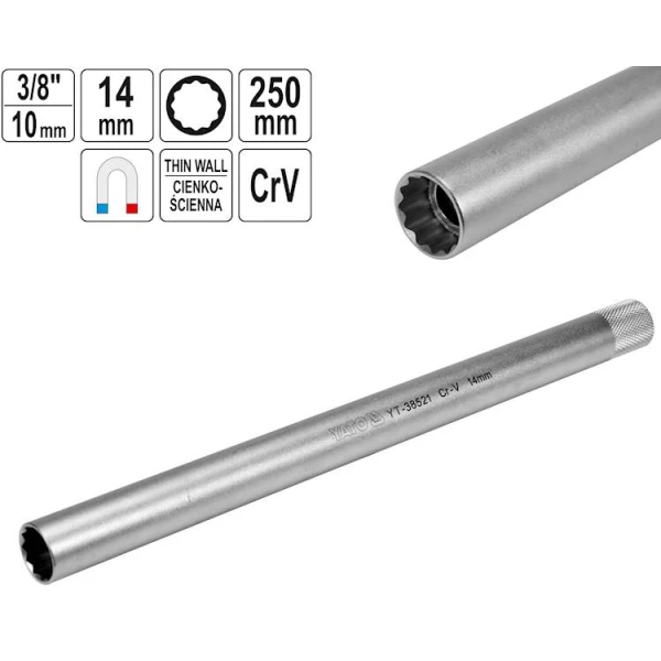 DADO BUJIA LARGO 14MM POLIGONAL 3/8 YT-38521 YATO