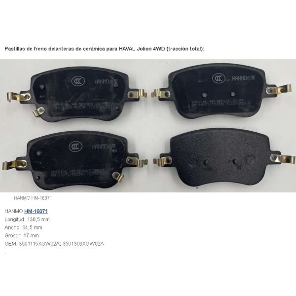 Pastillas Freno Delantero Great Wall Jolion 4wd/ Ora